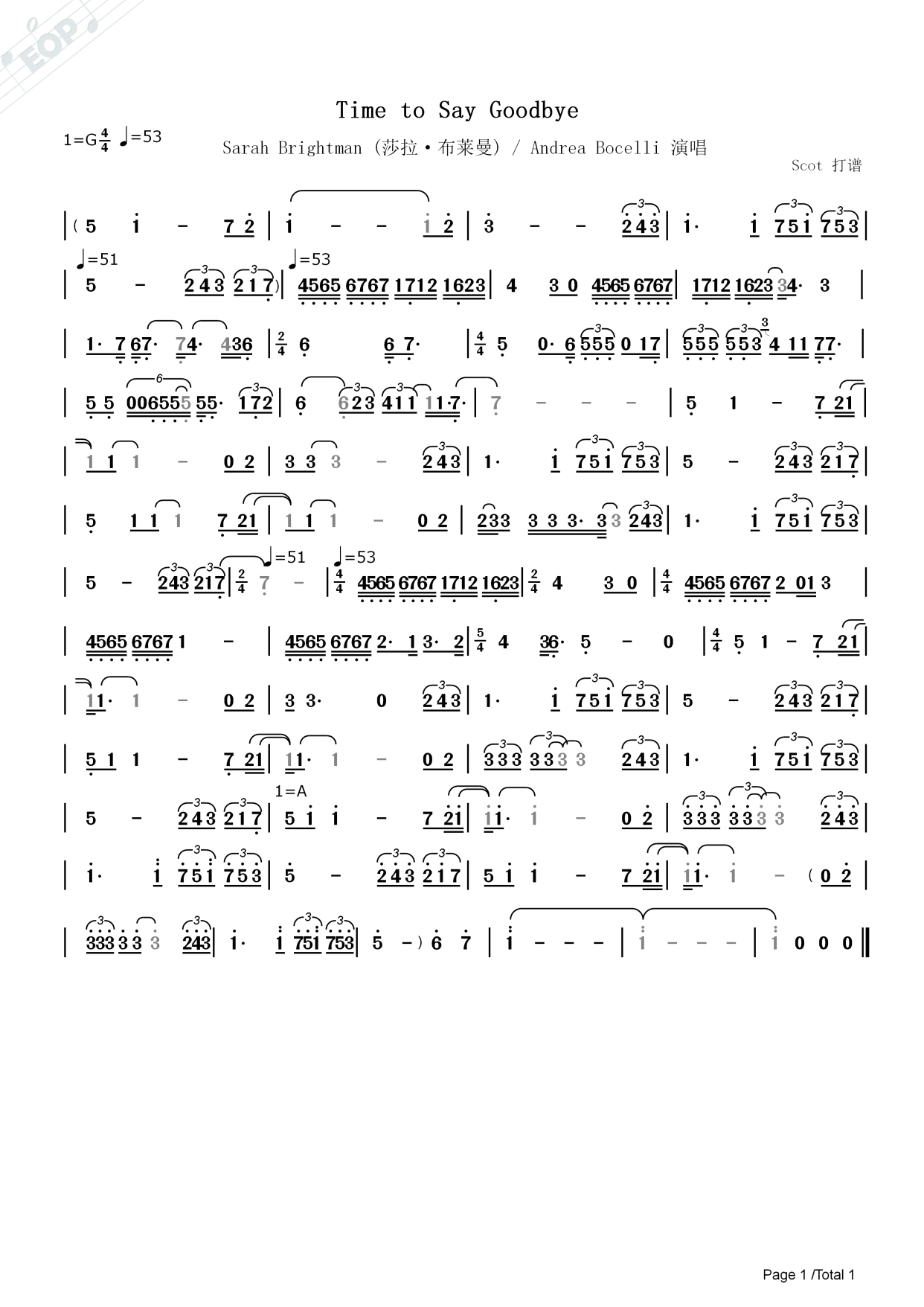 time to say goodbye(告别时刻)——莎拉·布莱曼演唱——动态简谱