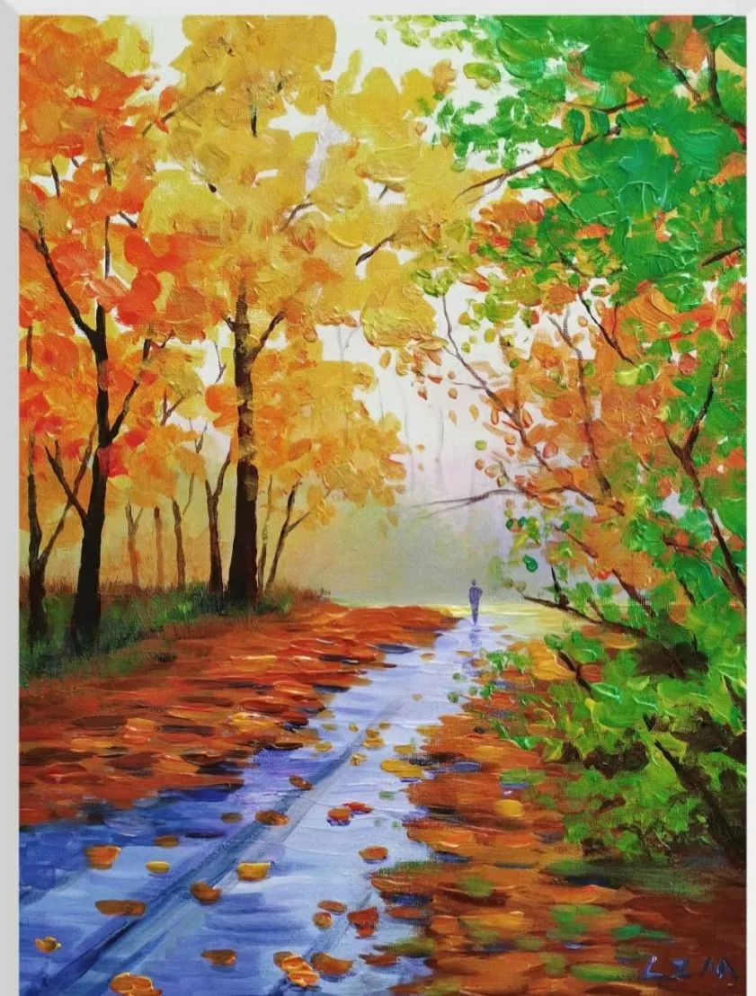 秋日美景儿童水粉画,感受大自然的独特色彩与丰富构图