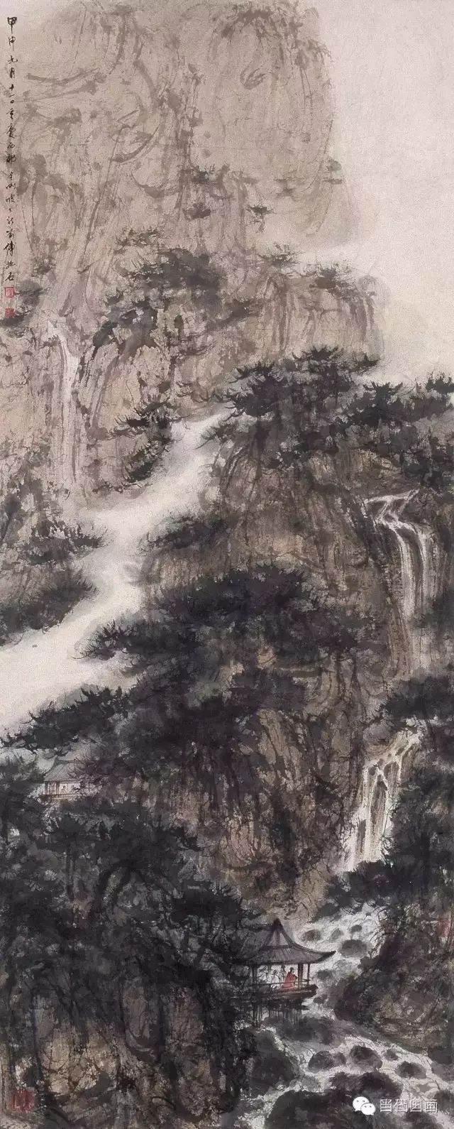 名作欣赏|抱石皴画山石飞瀑