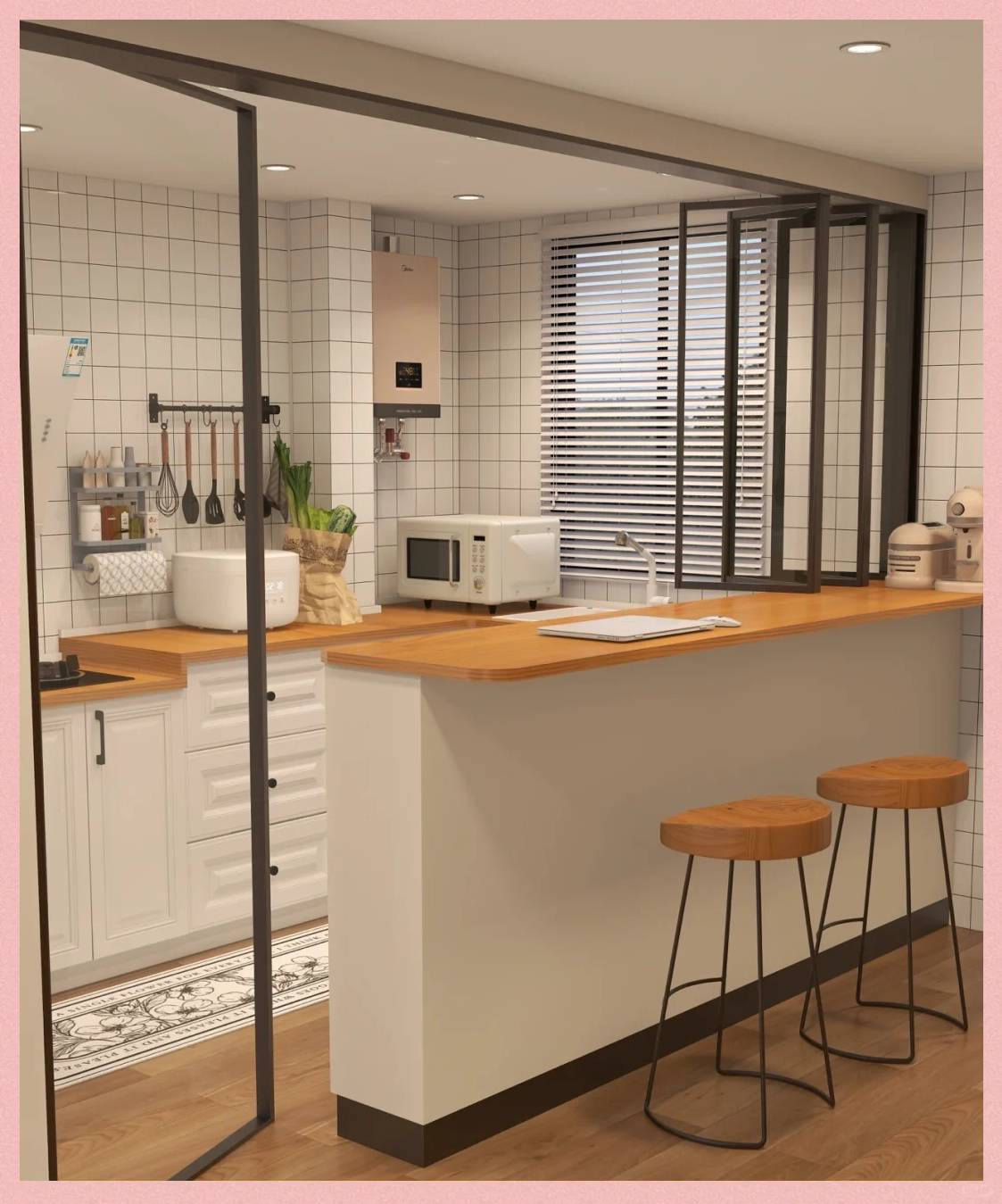 厨房通过移除厨房与客厅或餐厅之间的实体墙,并采用透明玻璃进行隔断