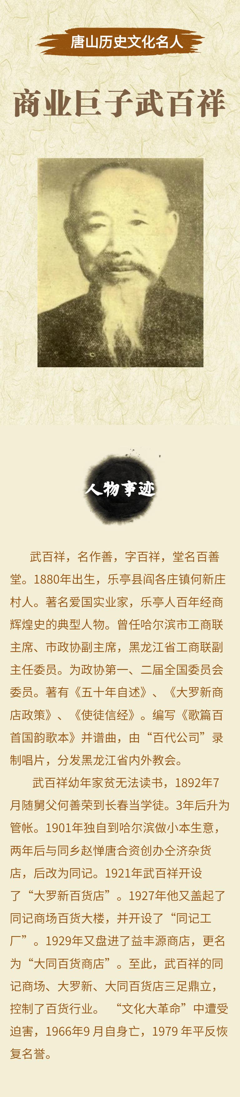 【唐山历史文化名人】乐亭武百祥:商业巨子武百祥