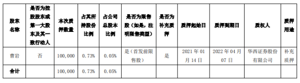 顶固集创股东曹岩质押10万股 用于补充质押