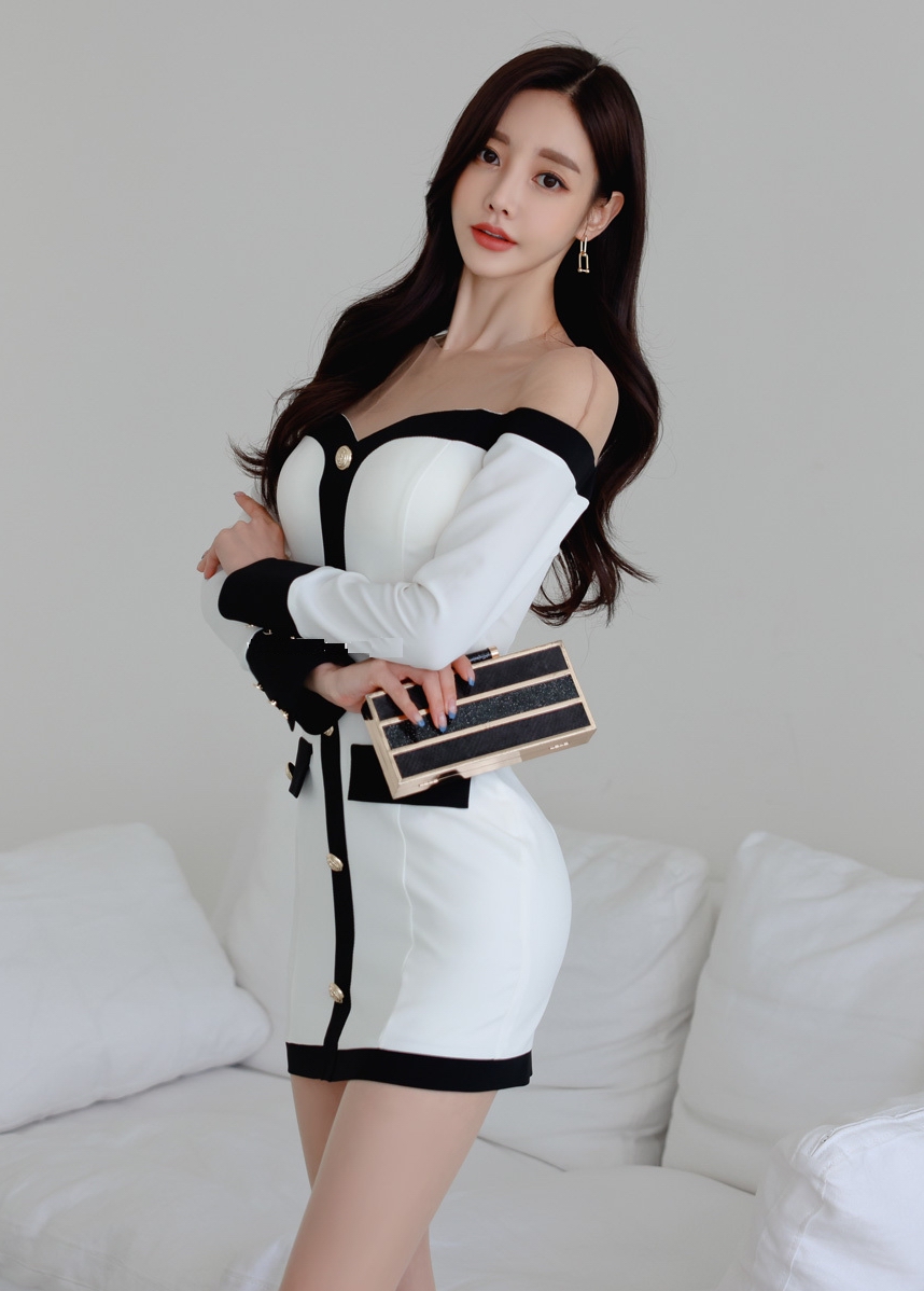 孙允珠时尚写真:肉色透视领搭配黑白拼色包臀裙,展现成熟魅力