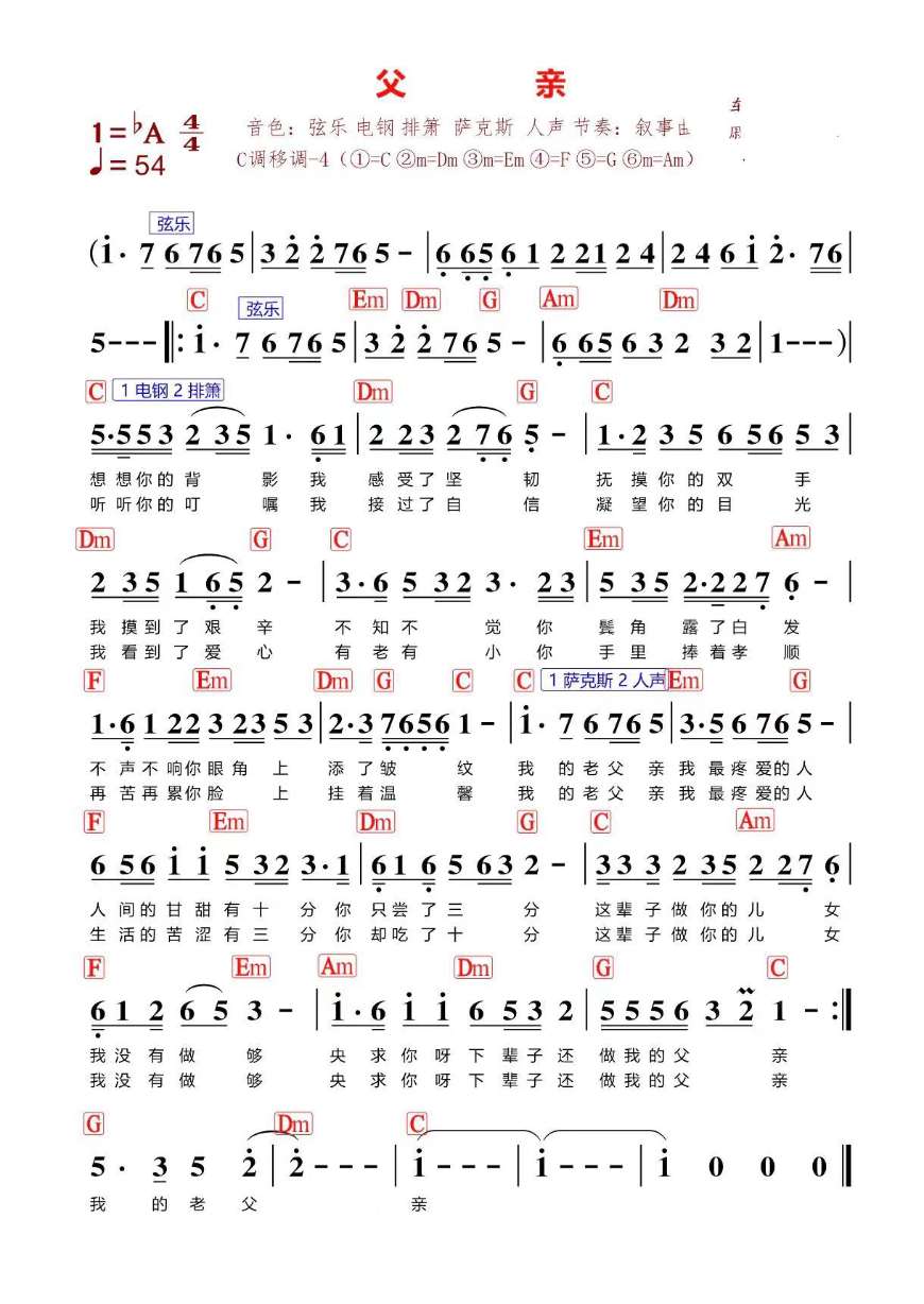 《父亲》《十五的月亮》《梁祝》电子琴初学者使用的c调简谱