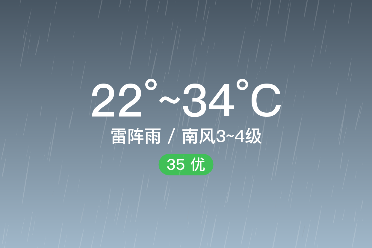 「承德鹰手营子矿」7/11,雷阵雨,22~34℃,南风3~4级,空气质量优