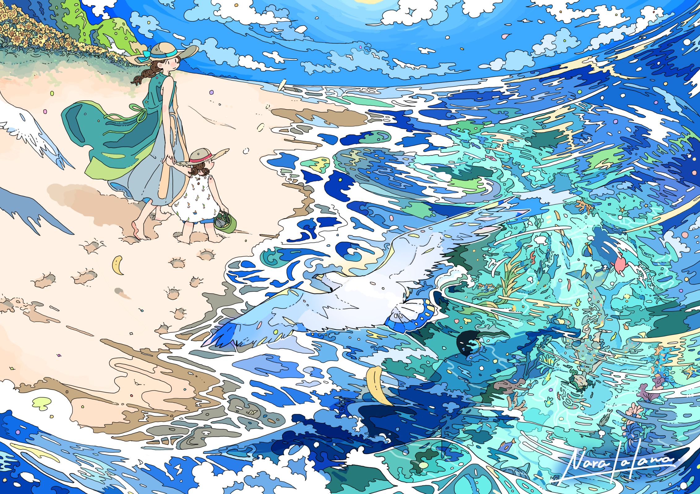画师「ならの」作品欣赏:蓝色梦幻海底世界,透明感治愈系场景插画