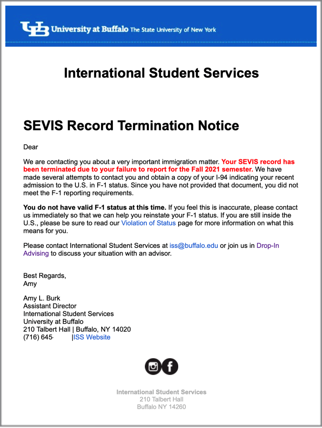 布法罗分校国际生服务处向学生发送的邮件