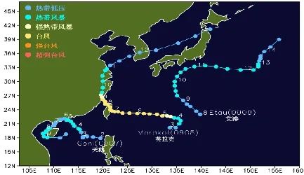 台风"天鹅","莫拉克"和"艾涛"路径图