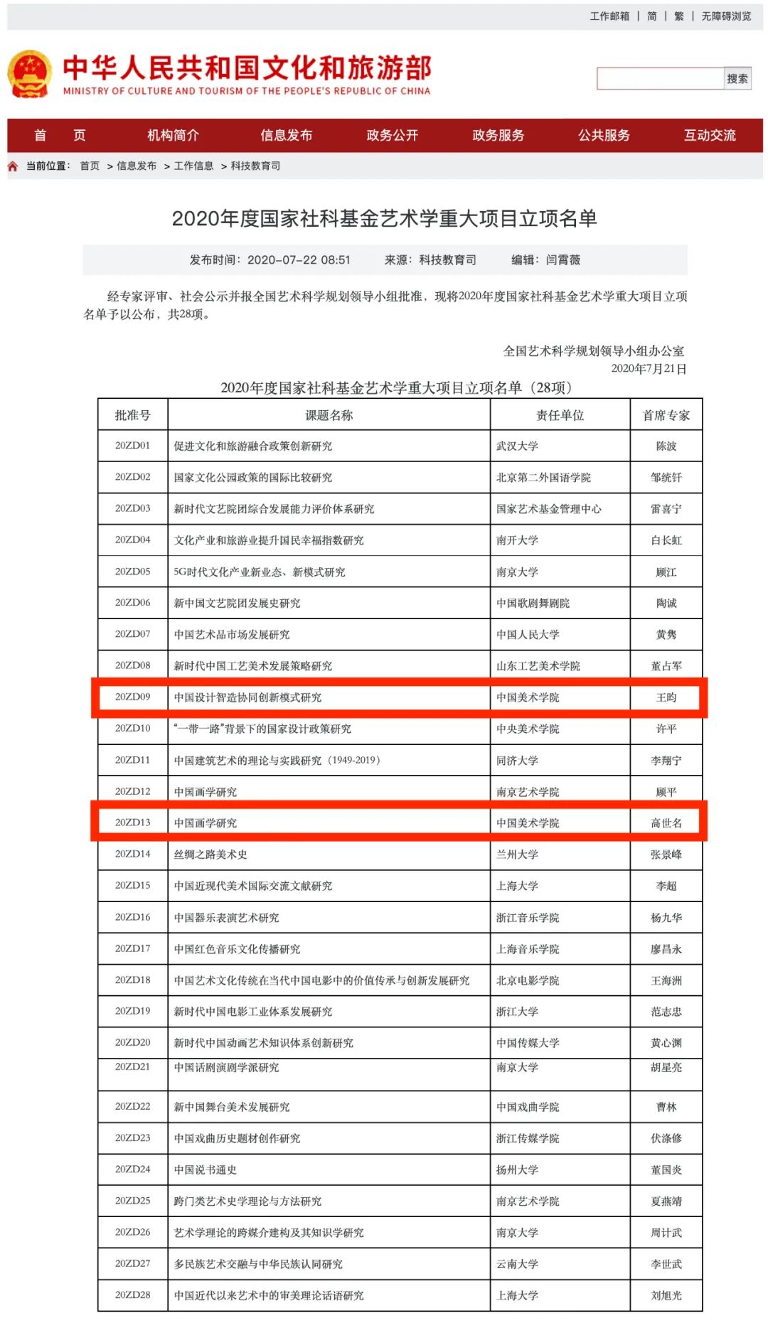 喜讯!中国美术学院两项项目获得国家社科基金艺术学重大项目立项