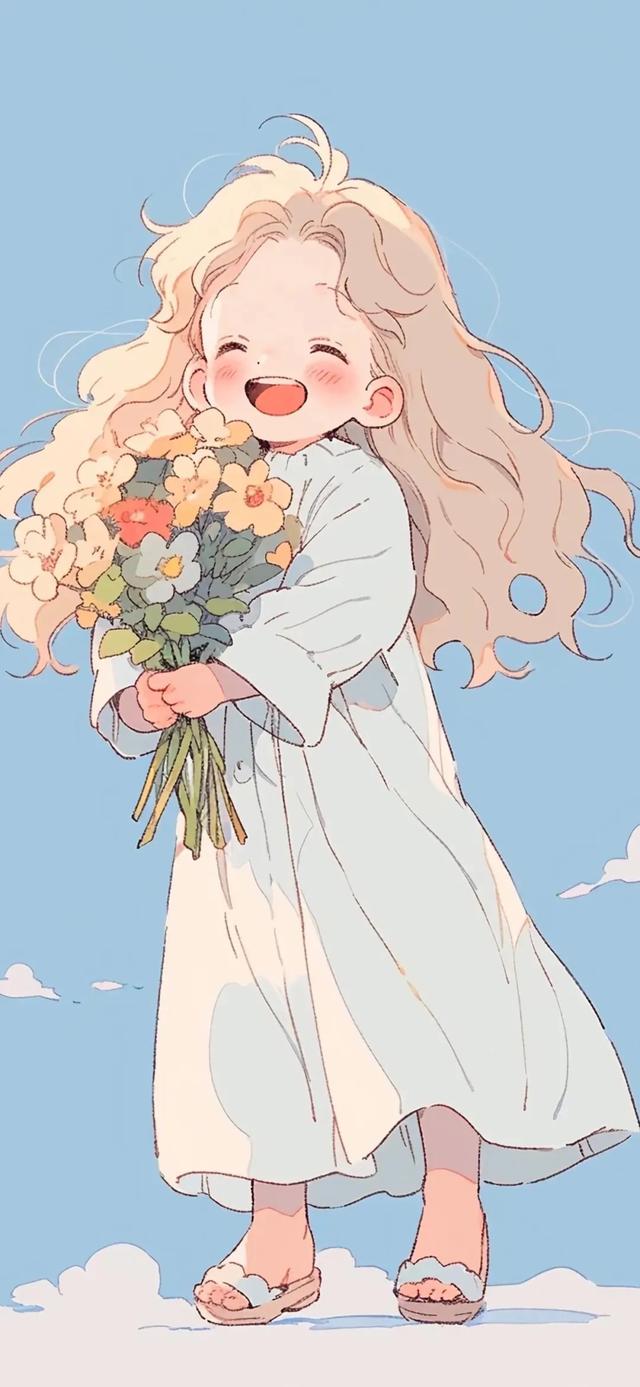 壁纸:卡通手抱鲜花少女