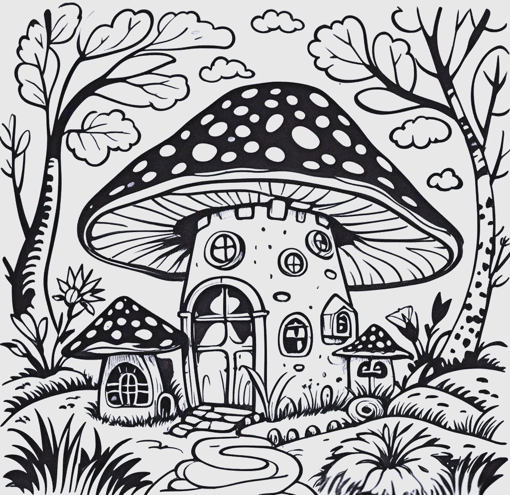 蘑菇主题的黑白线稿创意儿童画手绘指南