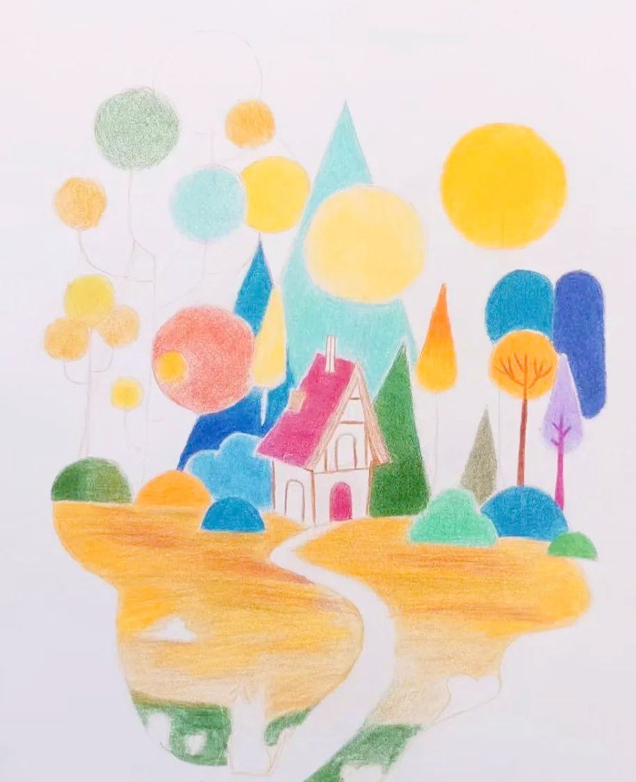 彩铅描绘校园秋日美景