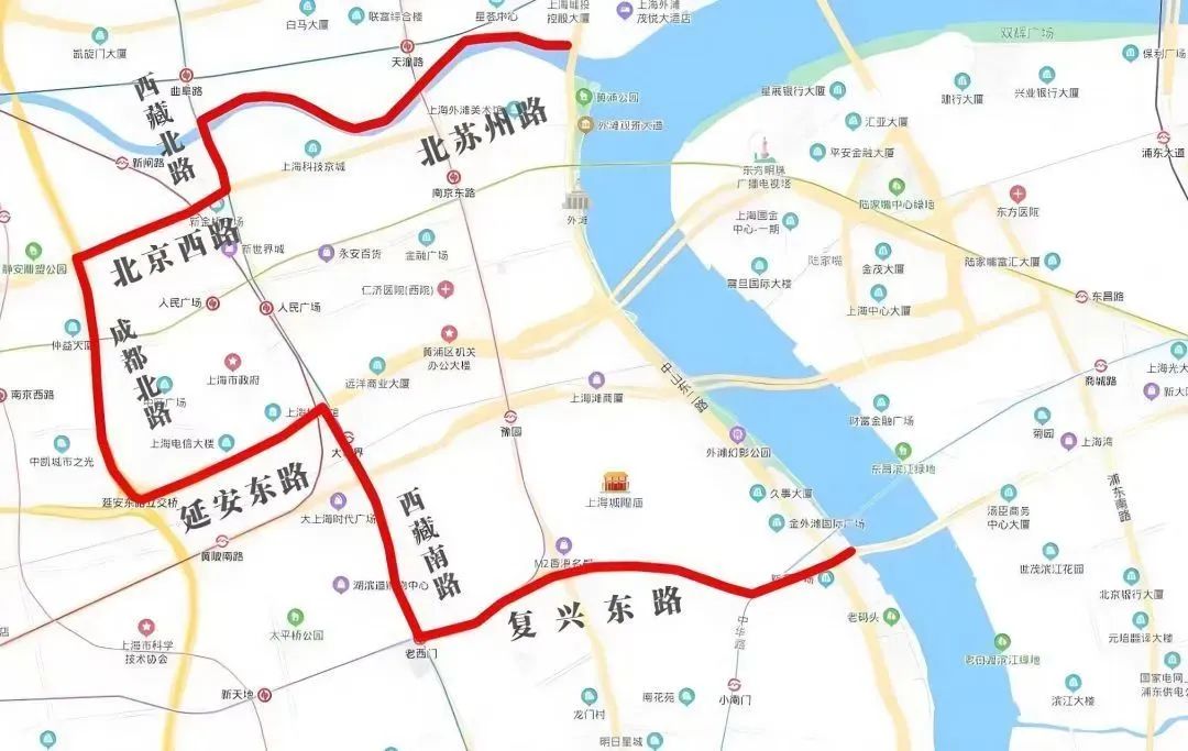 高架路南側江西路下匝道實施臨時關閉措施(進入外灘隧道車輛允許通行)