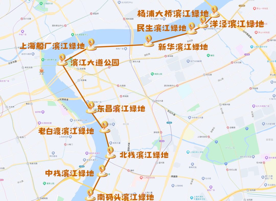 線路示意圖▽楊浦大橋濱江綠地洋涇濱江綠地民生濱江綠地新華濱江綠地