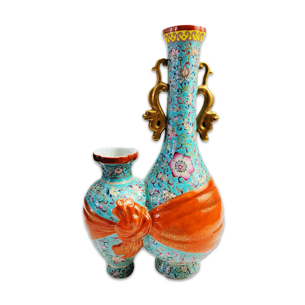 雍正珐琅彩 描金天蓝釉珊瑚红 包袱皮花口双连花插