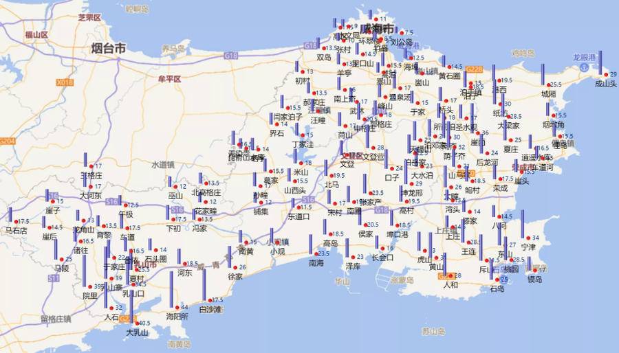 截至23日15時,威海平均降水19.6mm,乳山海陽所最大