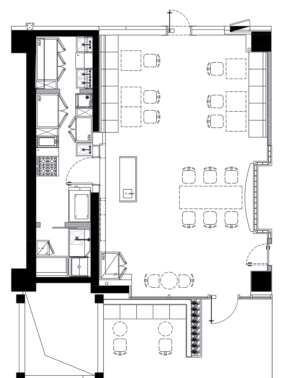 餐厅平面图在灯光设计的映衬下,餐厅的空间感得以充分展现