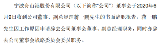 宁波港副总经理蒋一鹏辞职 2019年薪酬为111.63万元