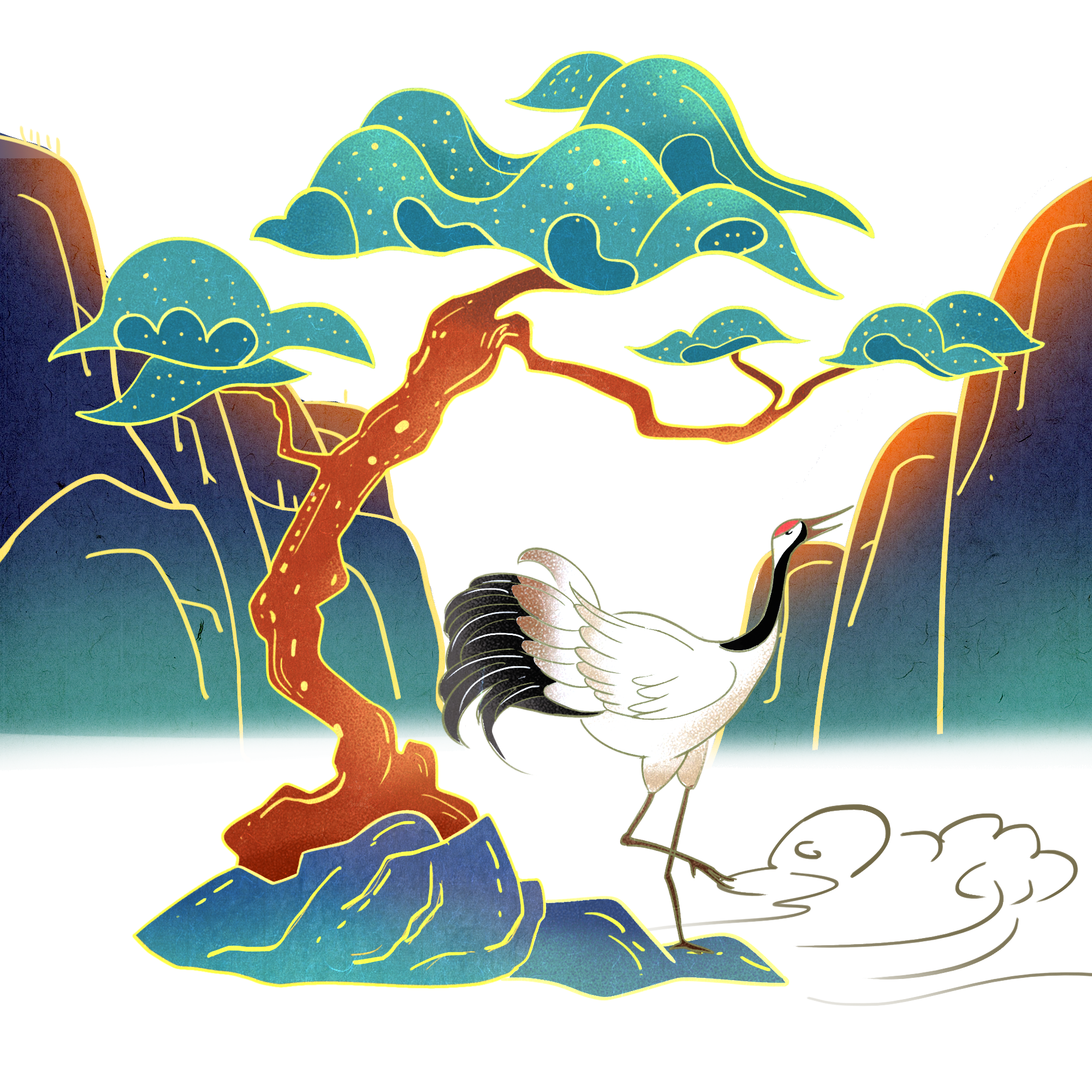 仙鹤素材,手绘国潮风,古典插画元素平面设计