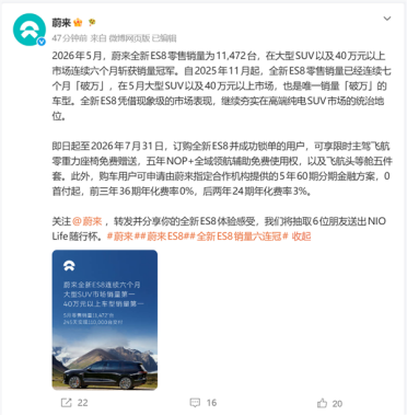 蔚来全新ES8 5月零售销量11472台：已连续七个月销量破万