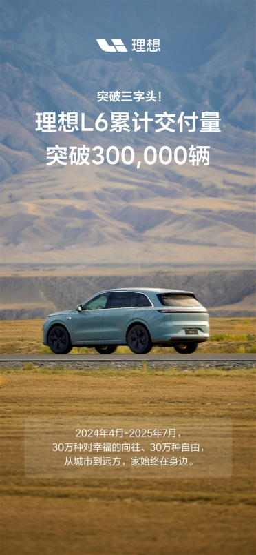 注定留名中国新能源汽车史！理想L6交付超30万辆