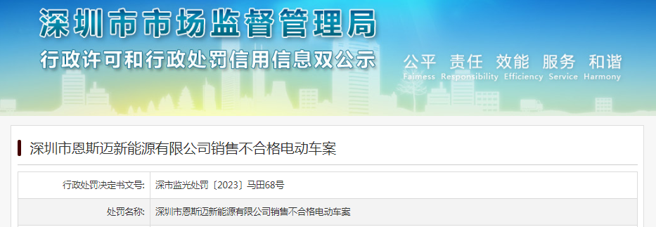 深圳市恩斯邁新能源有限公司銷售不合格電動車被罰款19998元