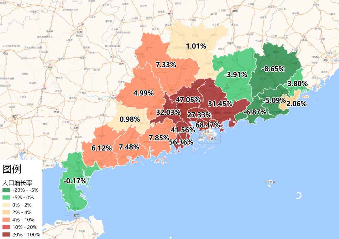 中国城市人口增减地图(七普)