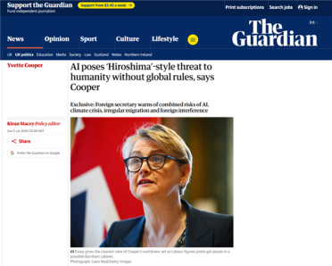 英外交大臣警告AI威胁堪比广岛核爆：各国必须建立紧急防护措施