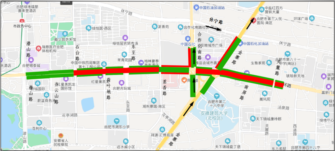 绕行路线1:金寨路→南二环→合作化路→金寨路(可点击放大查看 2