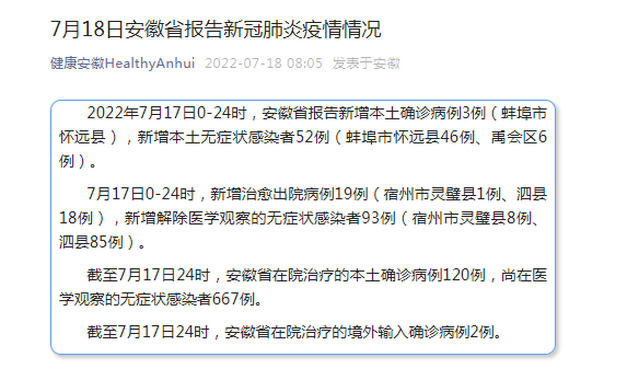 7月18日安徽省报告新冠肺炎疫情情况