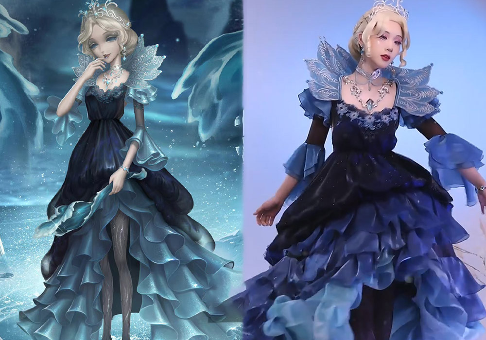 第五人格:红夫人夜潮cos服,渐变蓝色裙摆好美,精致配饰女王范