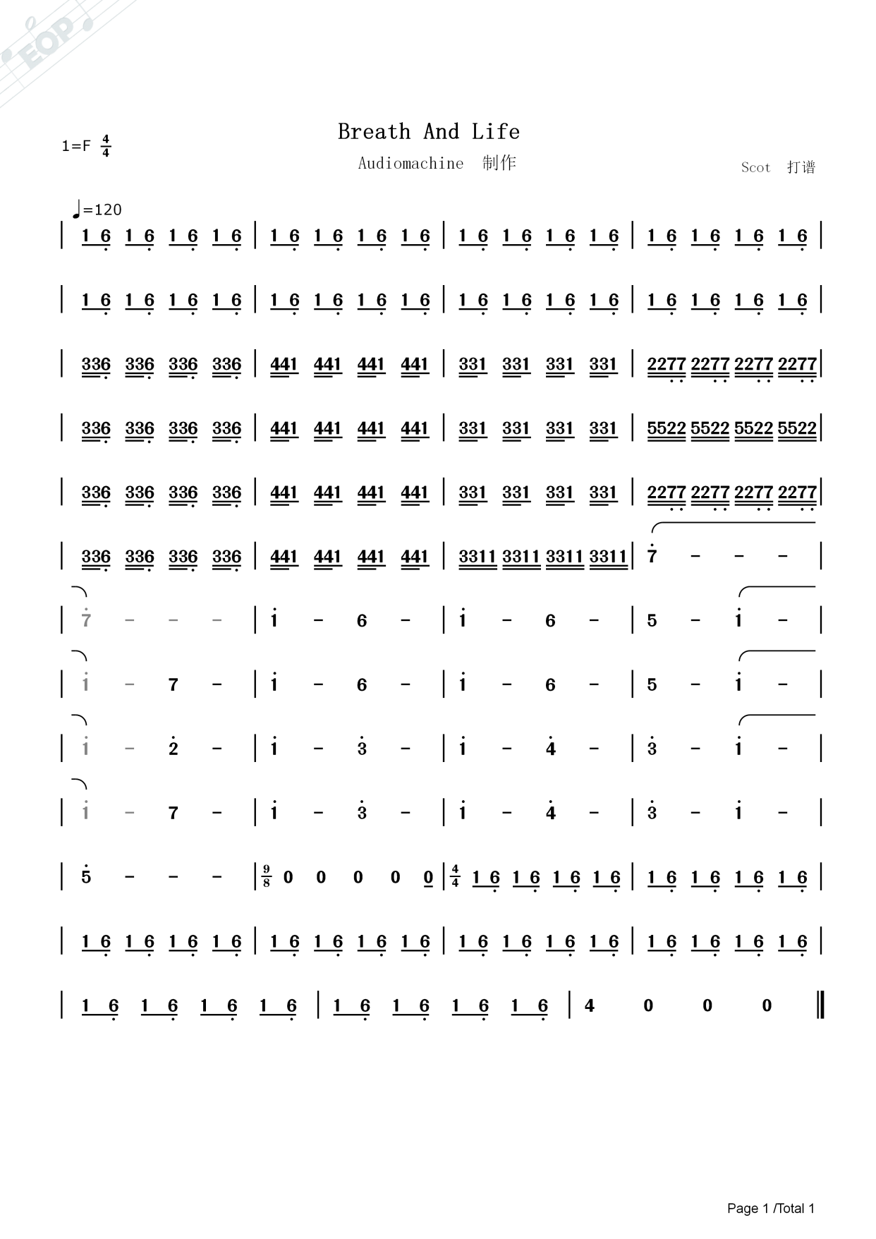 「bgm音乐」breath and life——audiomachine制作——动态简谱