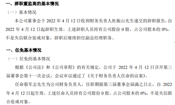 纳科诺尔财务负责人杜振山辞职 蔡军志接任 2021年公司净利2018.3万