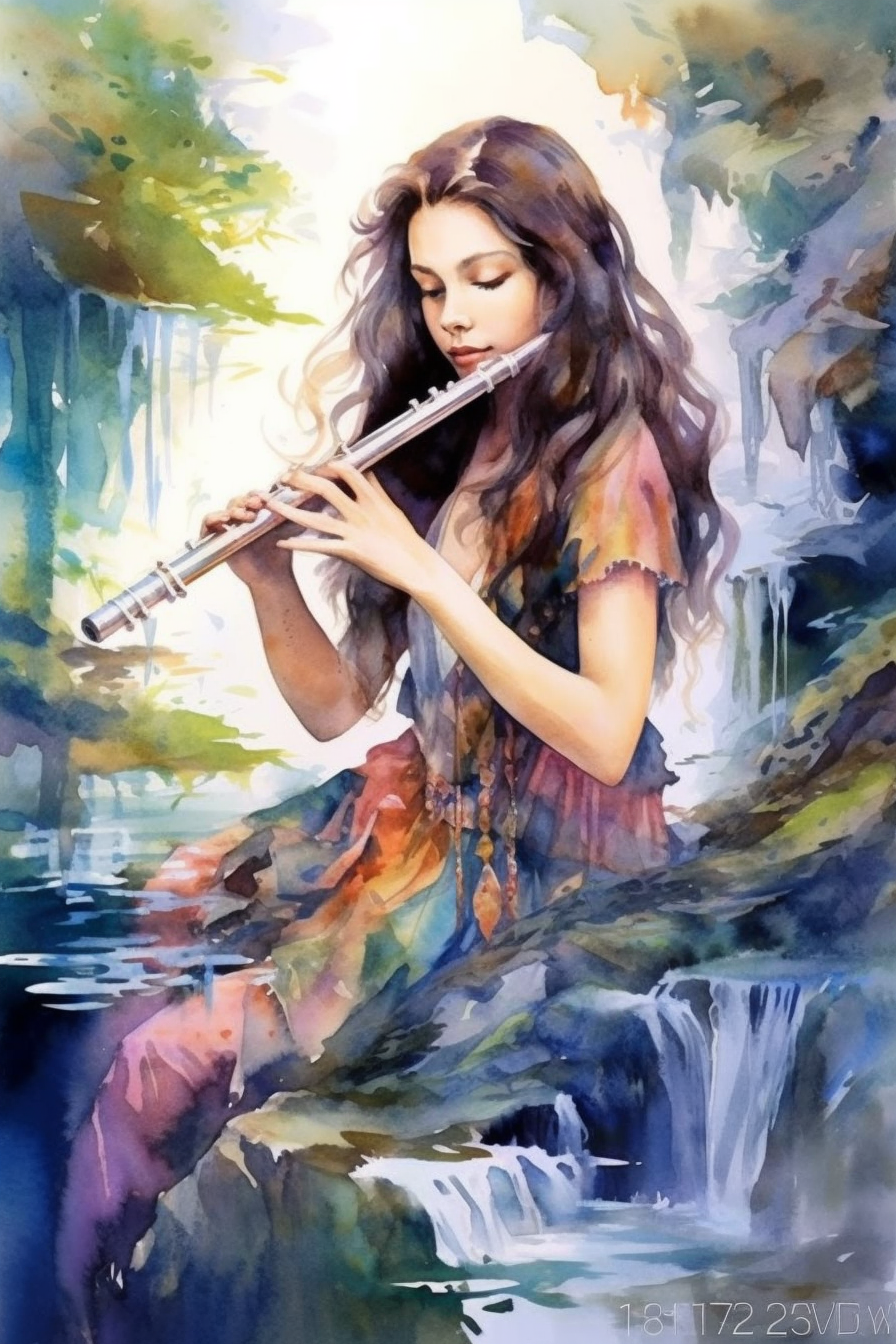 吹笛子的女人油画图片