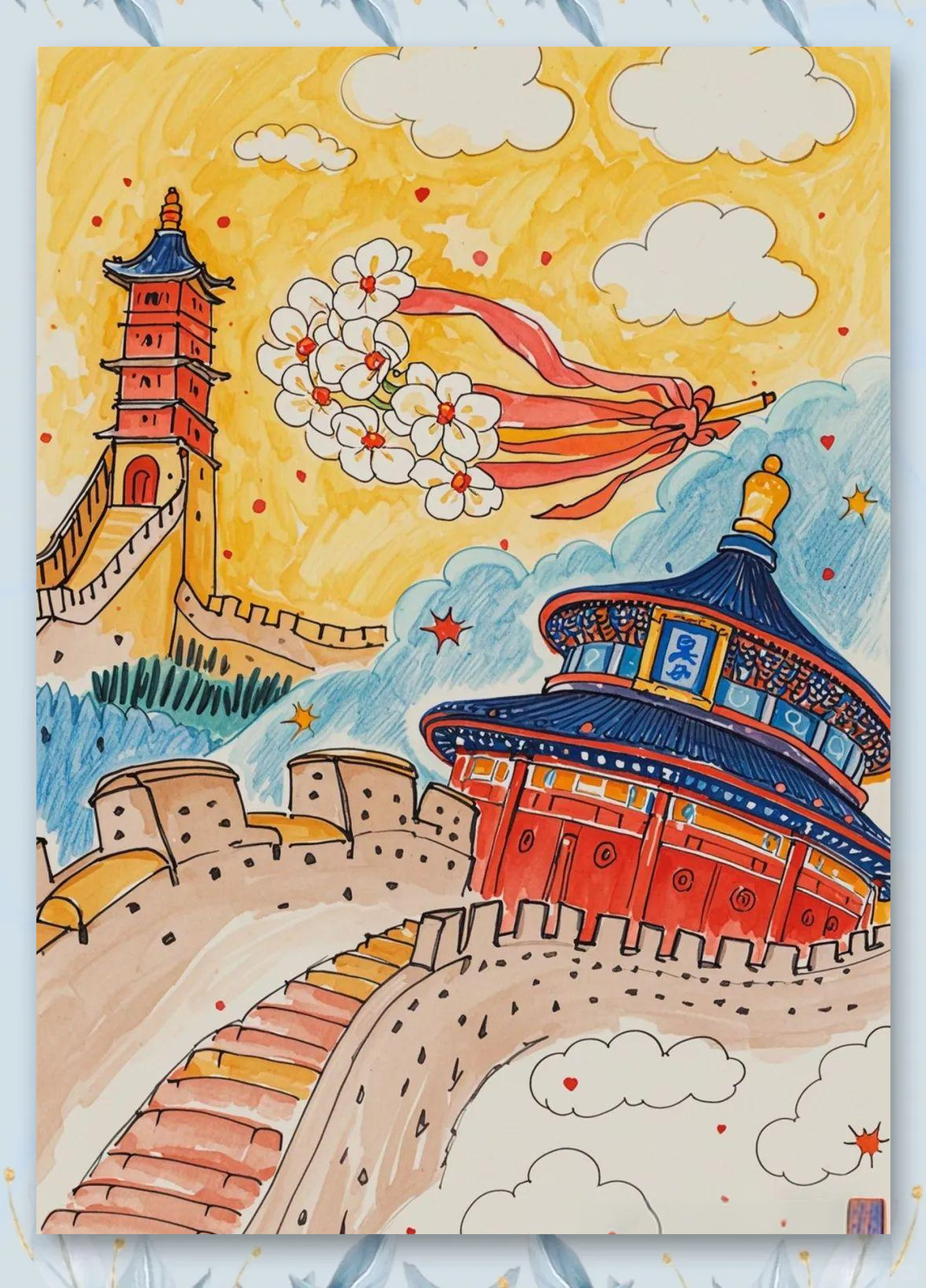 综上所述,要创作出优秀的国庆节儿童获奖绘画作品,需要巧妙结合线描