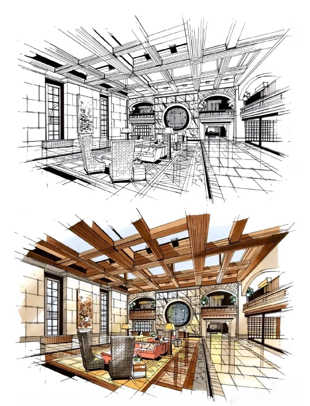 收藏!多种室内设计手绘线稿与上色效果图合集