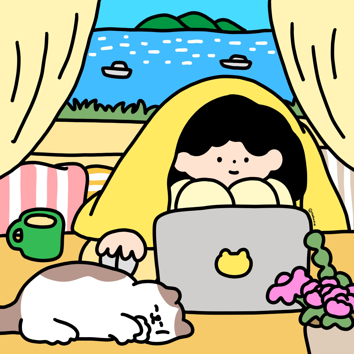 原创插画师:灵灵子子笔下的一人一猫,吃饭玩手机的悠闲生活