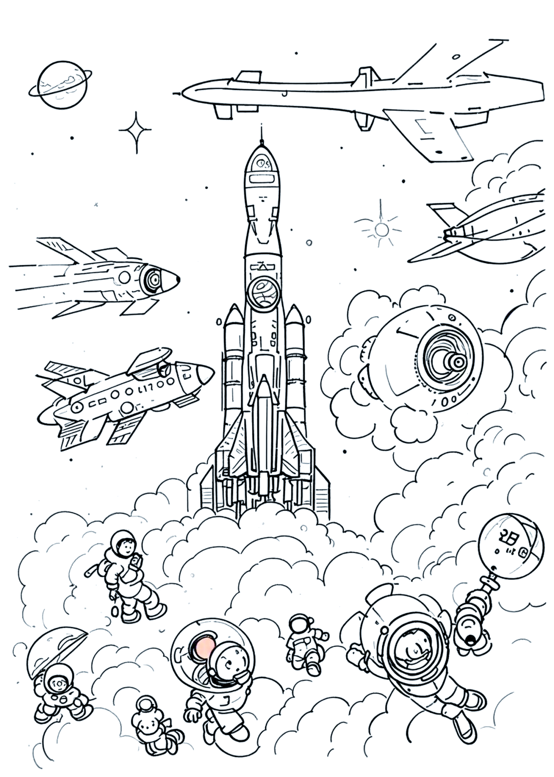 你能创作出65幅主题鲜明,细节饱满,充满未来科技感的黑白线稿简笔画