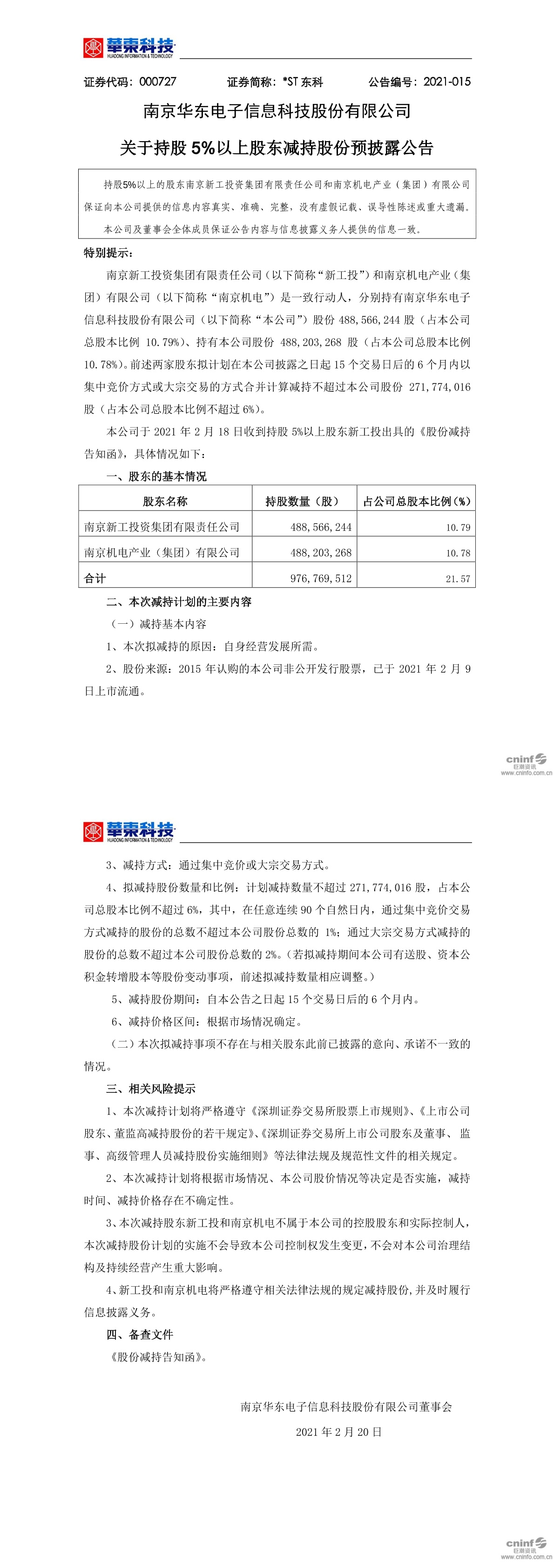 *st东科:关于持股5%以上股东减持股份预披露公告