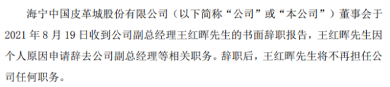 海宁皮城副总经理王红晖辞职 2020年薪酬为55.45万