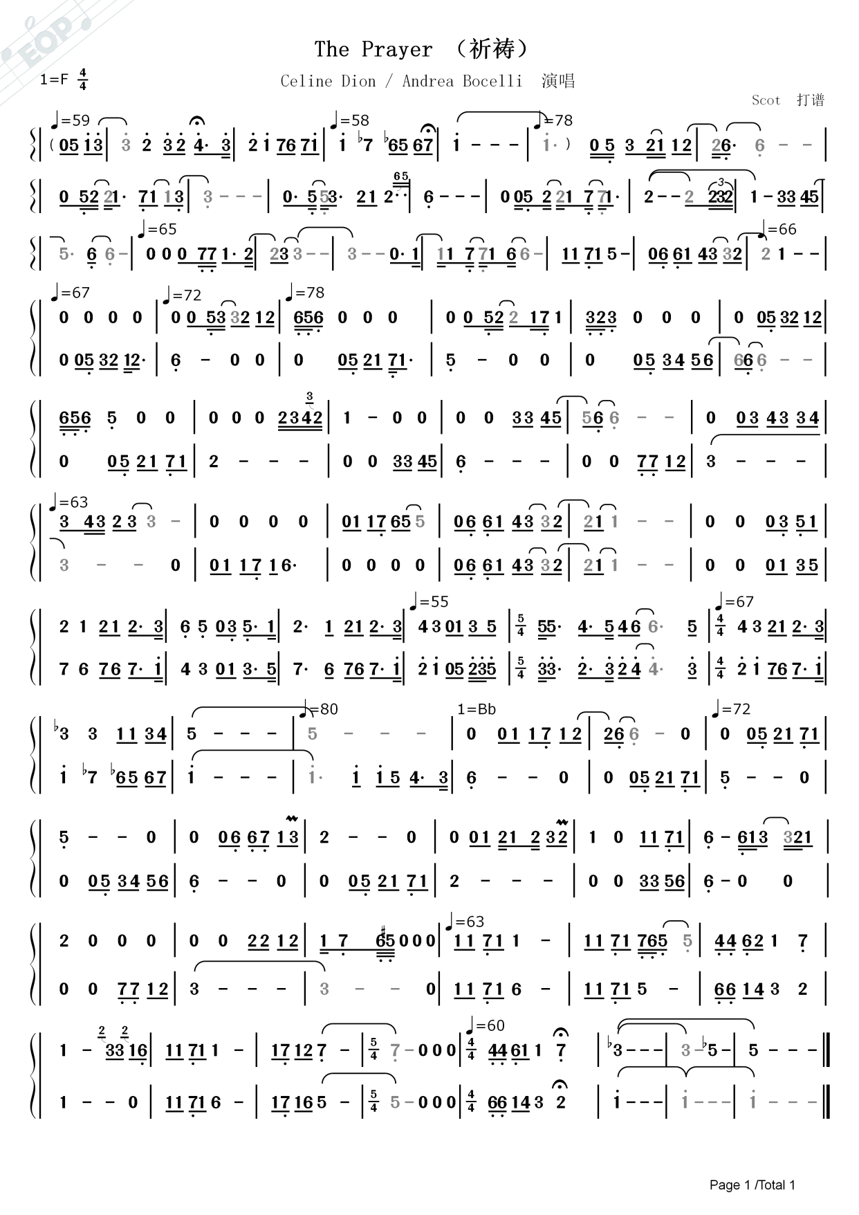 the prayer(祈祷)——席琳·迪翁,安德烈·波切利演唱——动态简谱