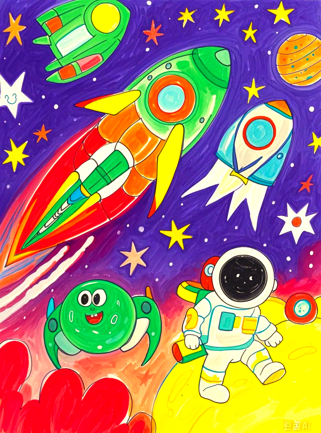 前景可描绘宇航员在太空中的行走场景,中景聚焦于宇宙飞船本身,而远景