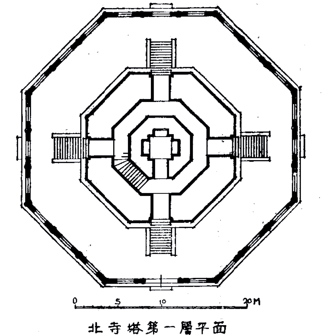 北寺塔第一层平面图,摘自刘敦桢所著《苏州古建筑调查记》△北寺塔