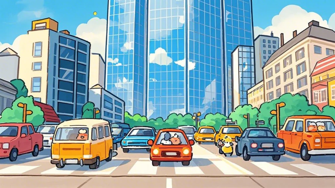 汽车行驶插画简约卡通风街道汽车行人场景插画（商业使用）.png