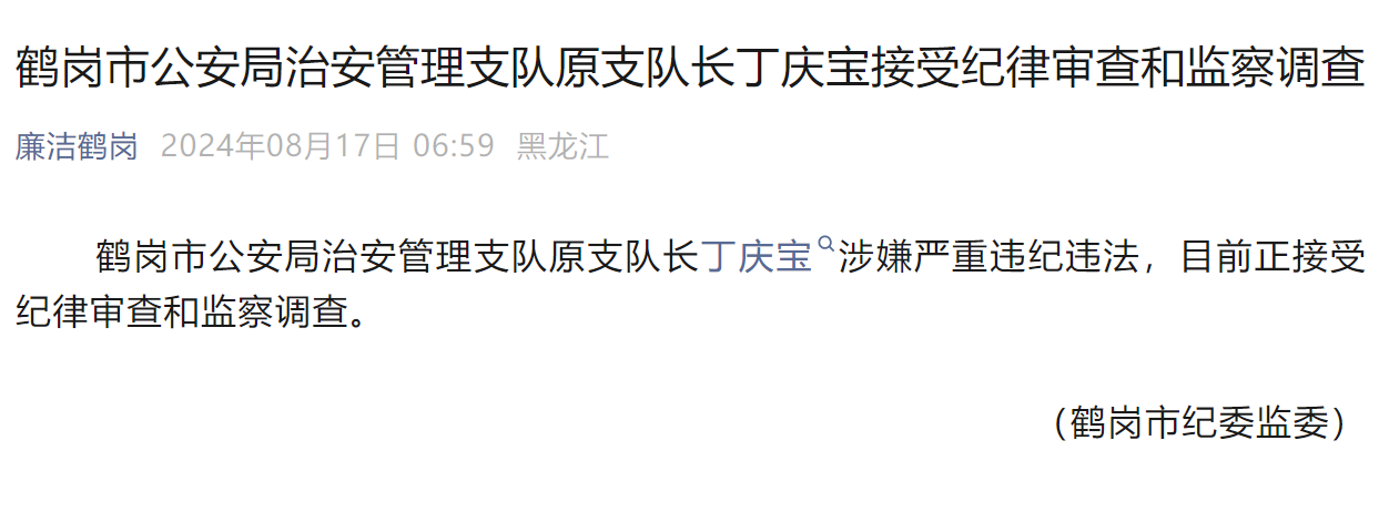 鹤岗市公安局治安管理支队原支队长丁庆宝接受审查调查
