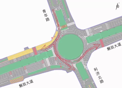 允许路口北侧青年路方向车流进入环岛路口!