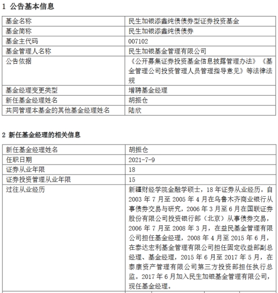 民生加银添鑫纯债债券增聘基金经理胡振仓