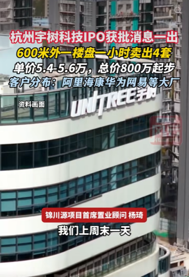 宇树科技IPO获批消息一出 600米外楼盘1小时卖出4套 总价800万起步