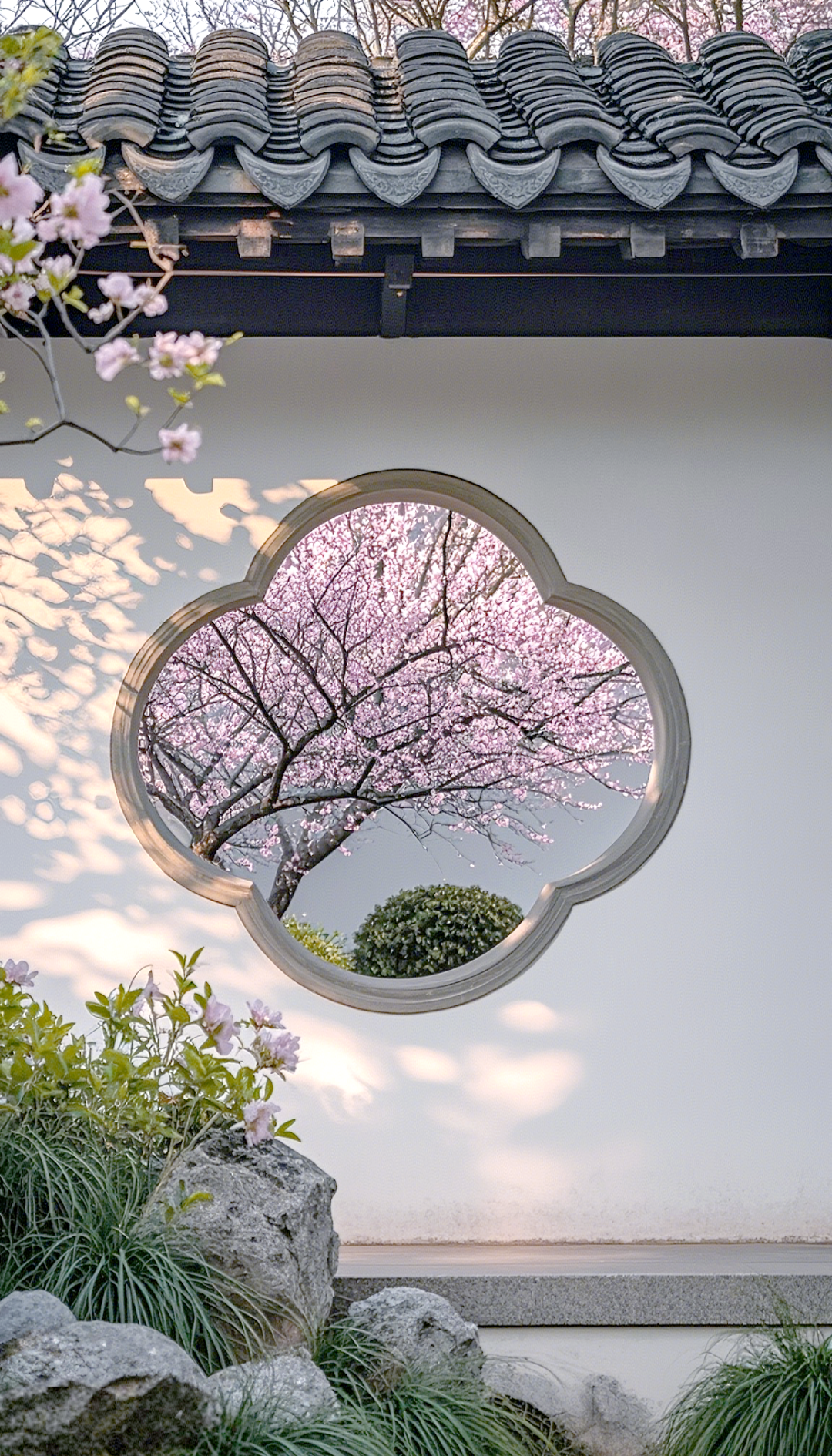 花窗白墙映粉花,中式园林尽显美韵