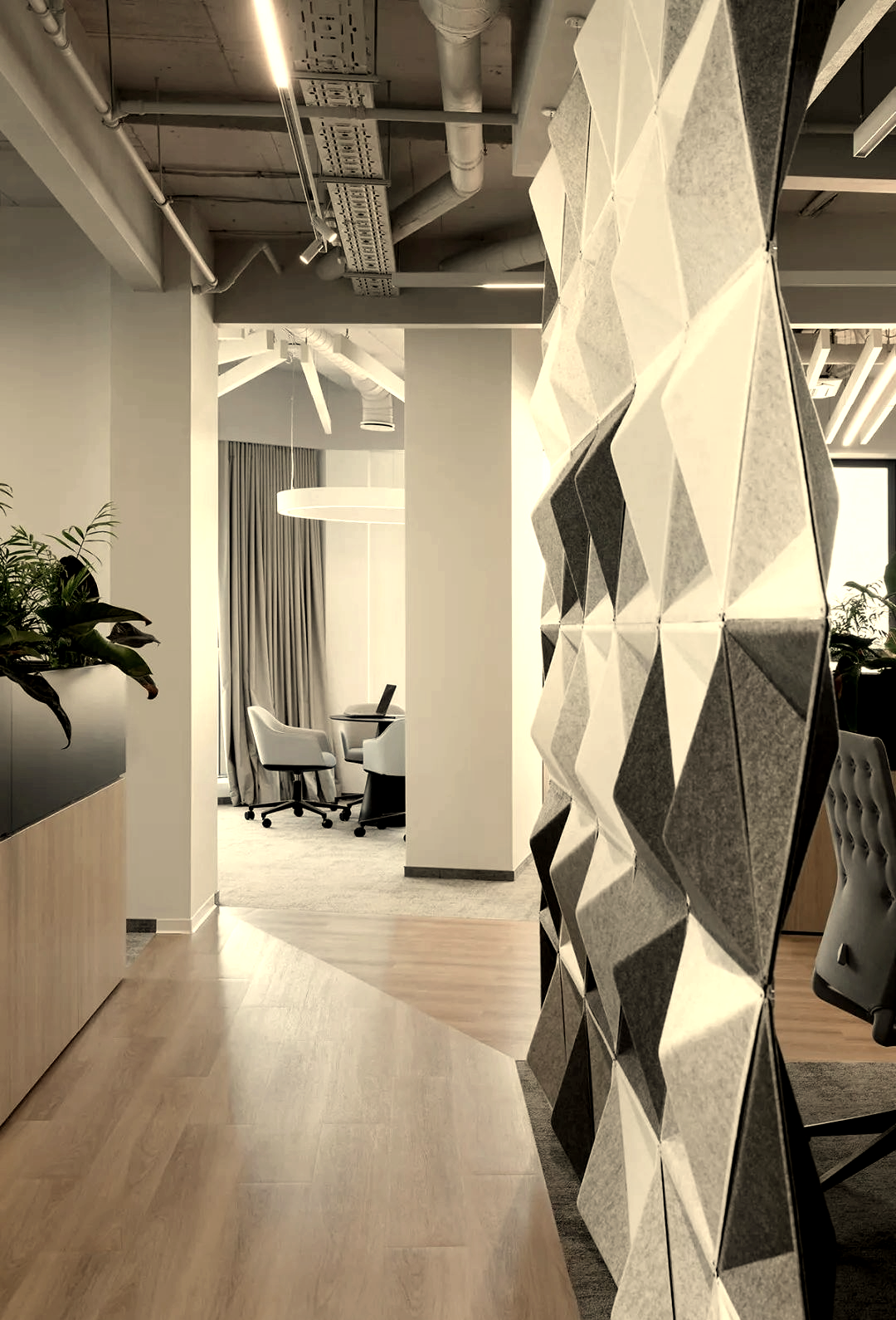 办公室,温暖的木饰面成为空间中的一抹亮色,与浅色和单色的背景形成